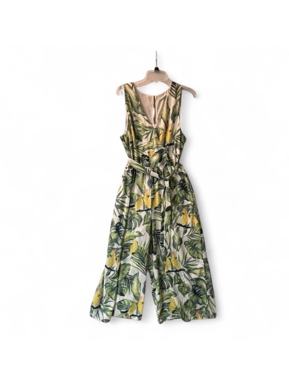 Yellow Parrot Green Leaf Jumpsuit Romper Flare Leg V Neck Sleeveless